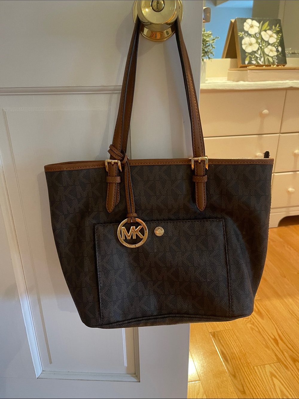 Michael Kors Dark Brown Logo Tote with Gold Hardware